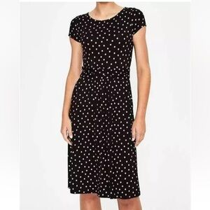 Boden Amelie Black Pink Polka Dot Jersey Knit Fit Flare Dress Pockets Size 14‎